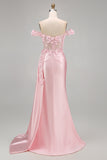 Pink Floral Ruched Mermaid Corset Long Prom Dress with Side Cape