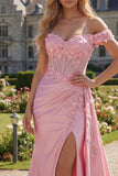 Pink Floral Ruched Mermaid Corset Long Prom Dress with Side Cape