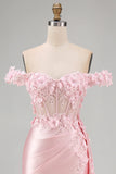 Pink Mermaid Sheer Corset Off The Shoulder Long Prom Dress with Slit