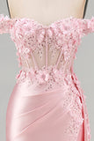 Pink Floral Ruched Mermaid Corset Long Prom Dress with Side Cape