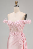 Pink Mermaid Sheer Corset Off The Shoulder Long Prom Dress with Slit