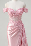 Pink Floral Ruched Mermaid Corset Long Prom Dress with Side Cape
