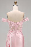 Pink Mermaid Sheer Corset Off The Shoulder Long Prom Dress with Slit