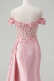 Pink Floral Ruched Mermaid Corset Long Prom Dress with Side Cape