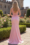 Pink Sheer Corset Mermaid 3D Flowers Long Prom Dress with Side Slit