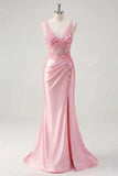 Floral Pink V-Neck Ruched Mermaid Corset Long Prom Dress with Slit