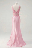 Floral Pink V-Neck Ruched Mermaid Corset Long Prom Dress with Slit