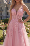 Pink A-Line V-Neck Corset Long Tulle Prom Dress