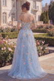 Blue Tulle A-Line Off the Shoulder Floral Corset Long Prom Dress with 3D Flowers