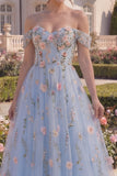 Blue Tulle A-Line Off the Shoulder Floral Corset Long Prom Dress with 3D Flowers