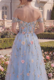 Blue Tulle A-Line Off the Shoulder Floral Corset Long Prom Dress with 3D Flowers