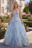 A-Line Blue Tulle Floral Corset Long Prom Dress with 3D Flowers