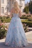 A-Line Blue Tulle Floral Corset Long Prom Dress with 3D Flowers