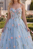 A-Line Blue Tulle Floral Corset Long Prom Dress with 3D Flowers