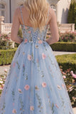 A-Line Blue Tulle Floral Corset Long Prom Dress with 3D Flowers