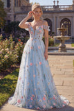 Blue Tulle A-Line Cold Shoulder Floral Corset Long Prom Dress with 3D Flowers