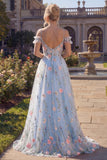 Blue Tulle A-Line Cold Shoulder Floral Corset Long Prom Dress with 3D Flowers