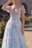 Blue Tulle A-Line Cold Shoulder Floral Corset Long Prom Dress with 3D Flowers