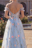 Blue Tulle A-Line Cold Shoulder Floral Corset Long Prom Dress with 3D Flowers