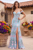 Tulle Blue Off the Shoulder Trumpet Floral Corset Appliqued Long Prom Dress with 3D Flowers