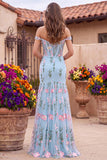 Tulle Blue Off the Shoulder Trumpet Floral Corset Appliqued Long Prom Dress with 3D Flowers