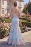Tulle Blue Off the Shoulder Trumpet Floral Corset Appliqued Long Prom Dress with 3D Flowers
