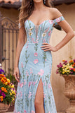 Tulle Blue Off the Shoulder Trumpet Floral Corset Appliqued Long Prom Dress with 3D Flowers