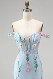 Tulle Blue Off the Shoulder Trumpet Floral Corset Appliqued Long Prom Dress with 3D Flowers