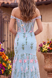 Tulle Blue Off the Shoulder Trumpet Floral Corset Appliqued Long Prom Dress with 3D Flowers