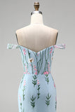 Tulle Blue Off the Shoulder Trumpet Floral Corset Appliqued Long Prom Dress with 3D Flowers