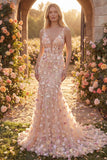 Champagne Tulle Mermaid V-Neck Long Prom Dress with 3D Flowers