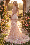 Champagne Tulle Mermaid V-Neck Long Prom Dress with 3D Flowers