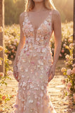 Champagne Tulle Mermaid V-Neck Long Prom Dress with 3D Flowers