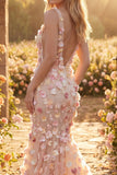Champagne Tulle Mermaid V-Neck Long Prom Dress with 3D Flowers