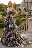 Strapless A-Line Black Pink Flower Tulle Floral Long Prom Dress