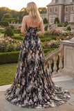 Strapless A-Line Black Pink Flower Tulle Floral Long Prom Dress