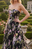 Strapless A-Line Black Pink Flower Tulle Floral Long Prom Dress