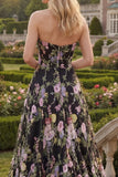 Strapless A-Line Black Pink Flower Tulle Floral Long Prom Dress