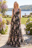 Black Pink Flower A-Line V-Neck Sequin Long Prom Dress