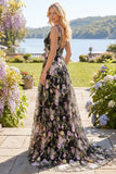 Black Pink Flower A-Line V-Neck Sequin Long Prom Dress