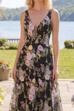 Black Pink Flower A-Line V-Neck Sequin Long Prom Dress
