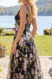 Black Pink Flower A-Line V-Neck Sequin Long Prom Dress