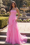 Hot Pink Strapless Tulle A Line Long Prom Dress with Ruffles