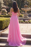 Hot Pink Strapless Tulle A Line Long Prom Dress with Ruffles