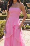 Hot Pink Strapless Tulle A Line Long Prom Dress with Ruffles