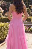 Hot Pink Strapless Tulle A Line Long Prom Dress with Ruffles