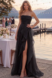Navy A-Line Strapless Ruched Long Prom Dress with Ruffle Slit