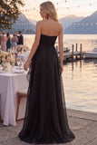 Navy A-Line Strapless Ruched Long Prom Dress with Ruffle Slit