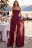 Navy A-Line Strapless Ruched Long Prom Dress with Ruffle Slit