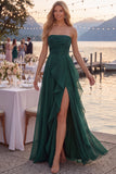 Navy A-Line Strapless Ruched Long Prom Dress with Ruffle Slit